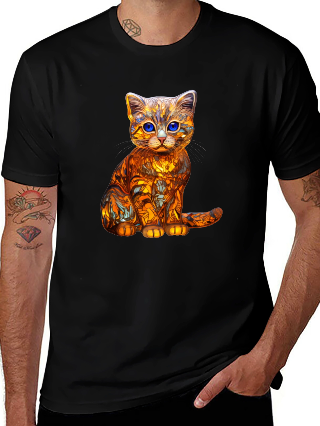 Cat Art Graphic T-Shirt - Stylish Mens Crew Neck Tee