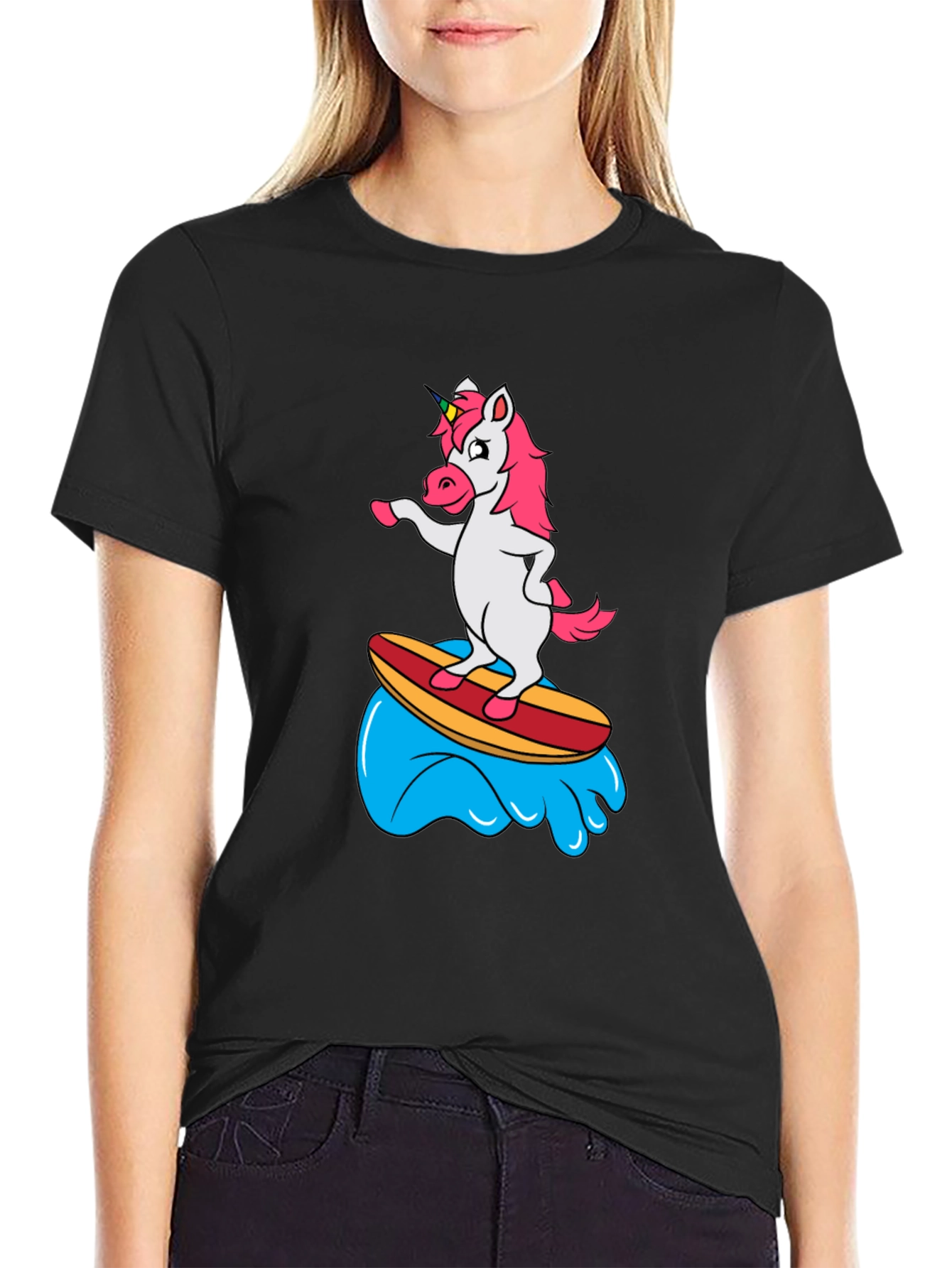 Surfing Unicorn Black T-Shirt