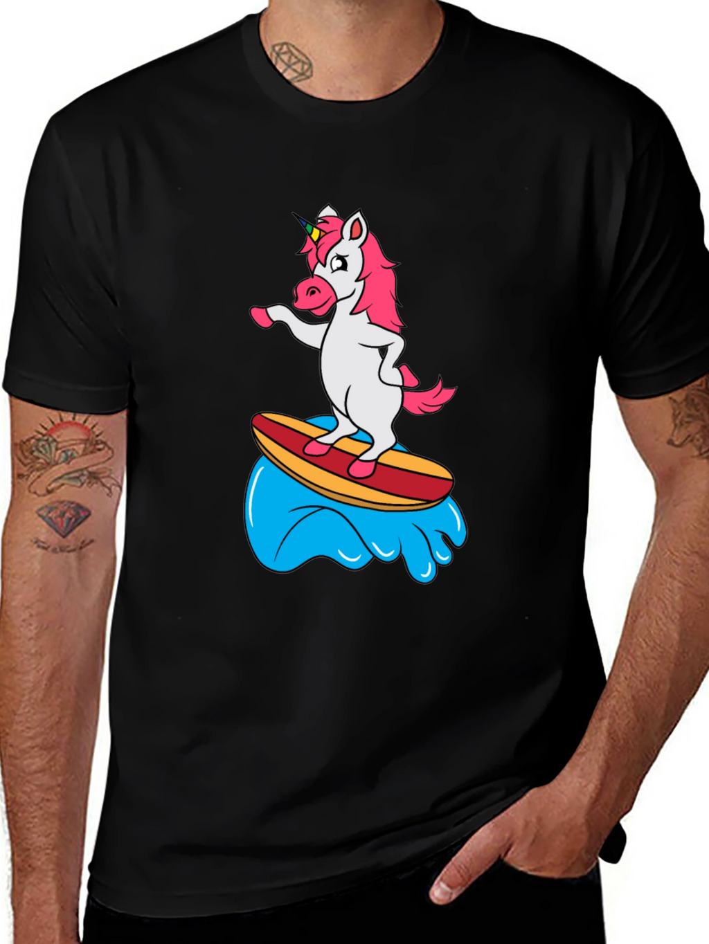 Surfing Unicorn Black T-Shirt