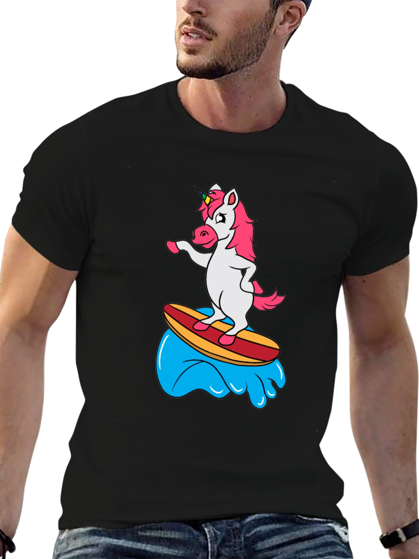 Surfing Unicorn Black T-Shirt