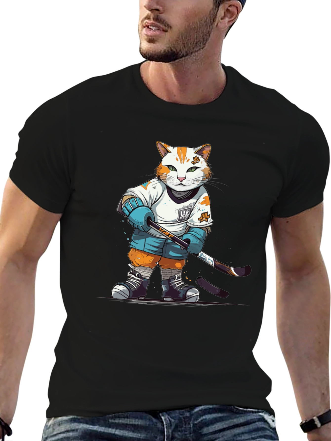 Hockey Cat Graphic T-Shirt - Black