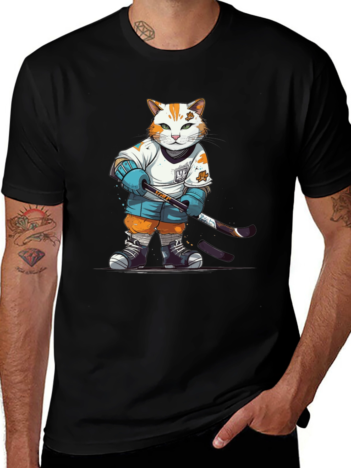 Hockey Cat Graphic T-Shirt - Black