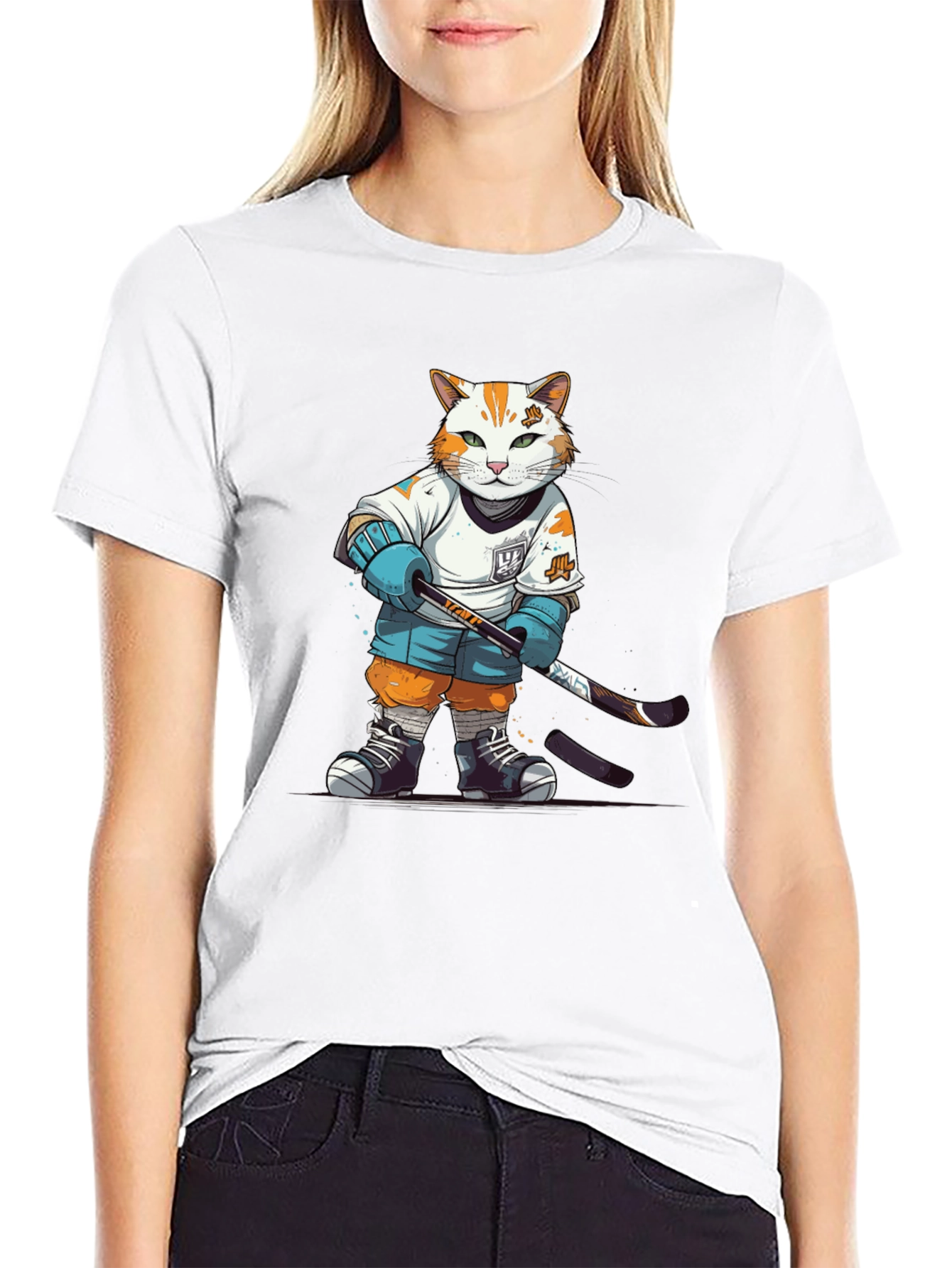 Hockey Cat Graphic T-Shirt - Black