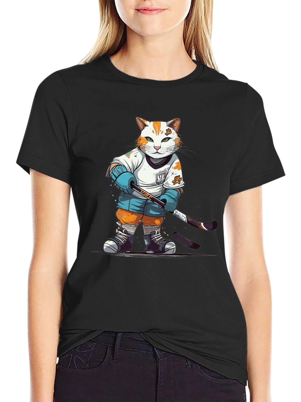 Hockey Cat Graphic T-Shirt - Black