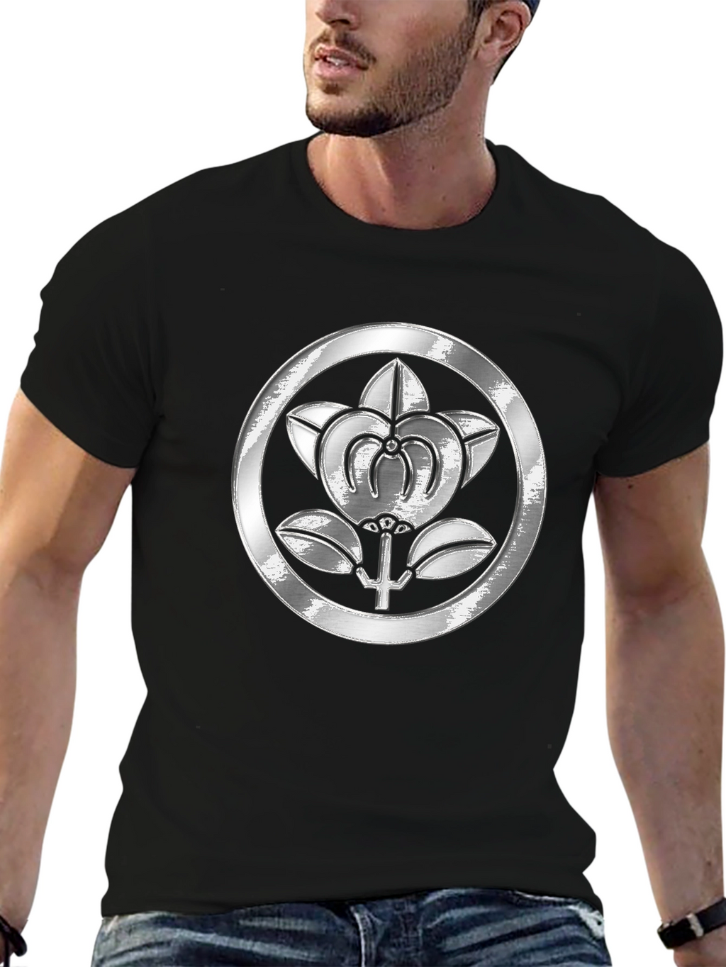 Embossed Floral Crest Black T-Shirt
