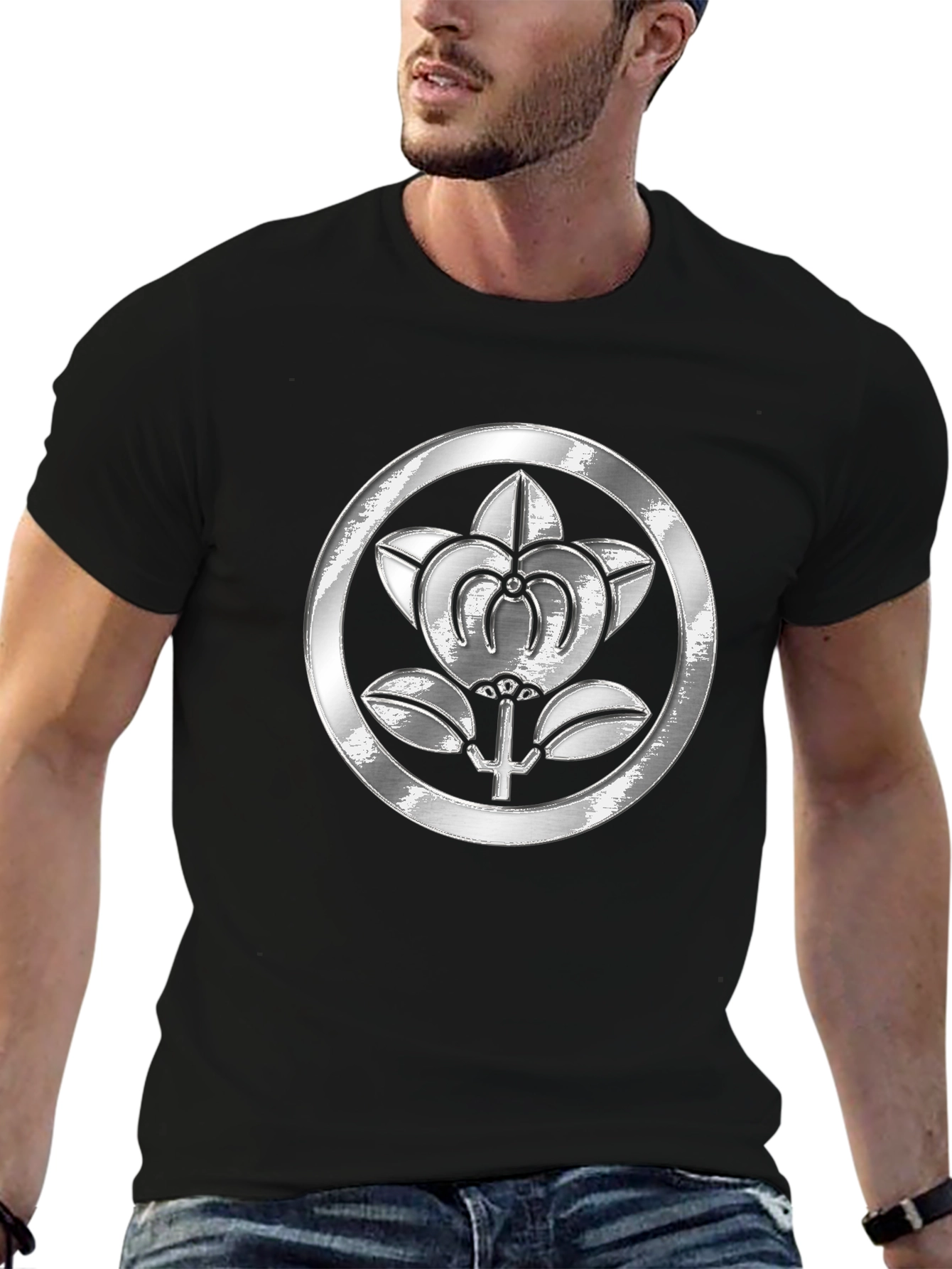 Embossed Floral Crest Black T-Shirt