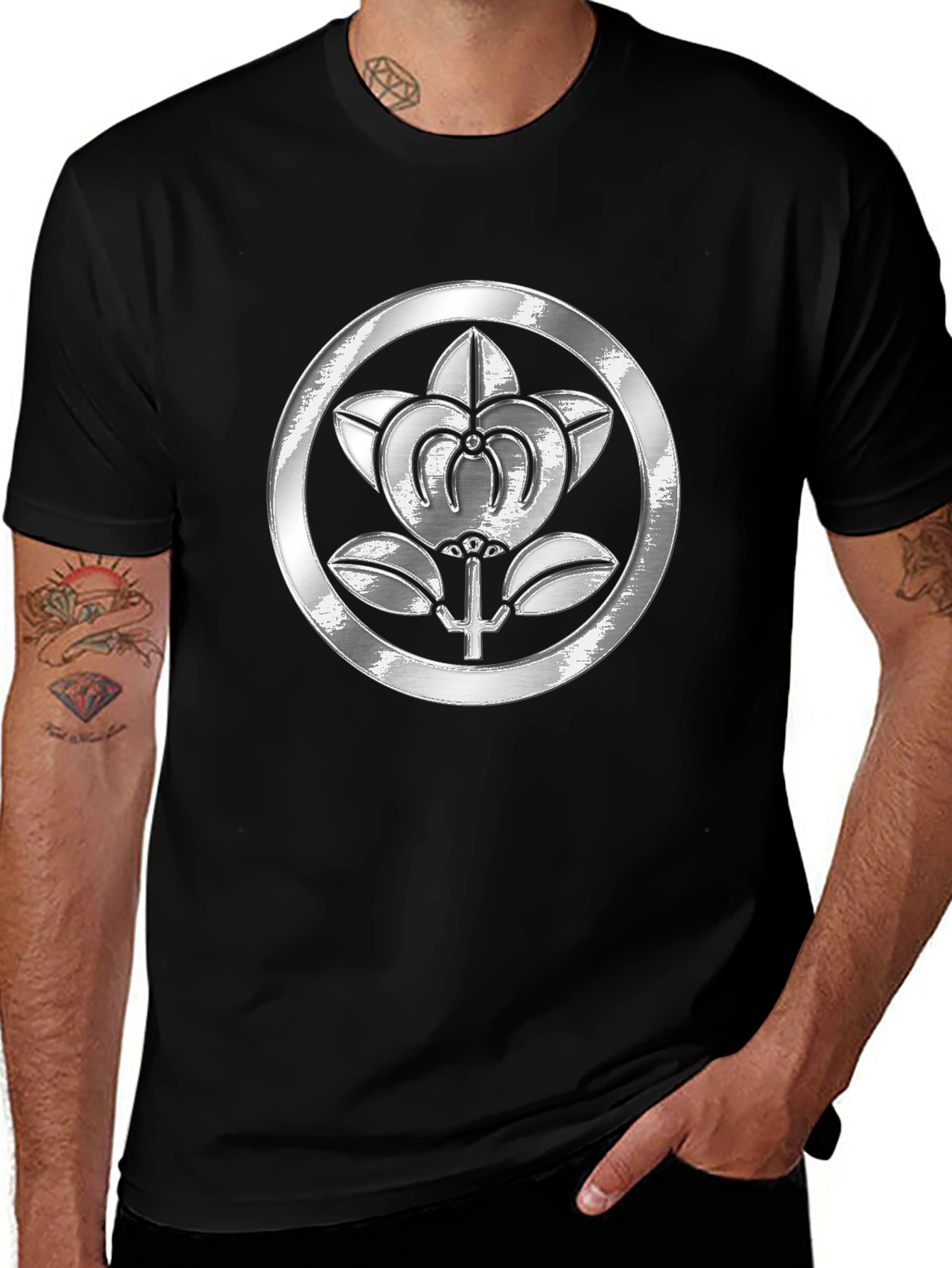 Embossed Floral Crest Black T-Shirt