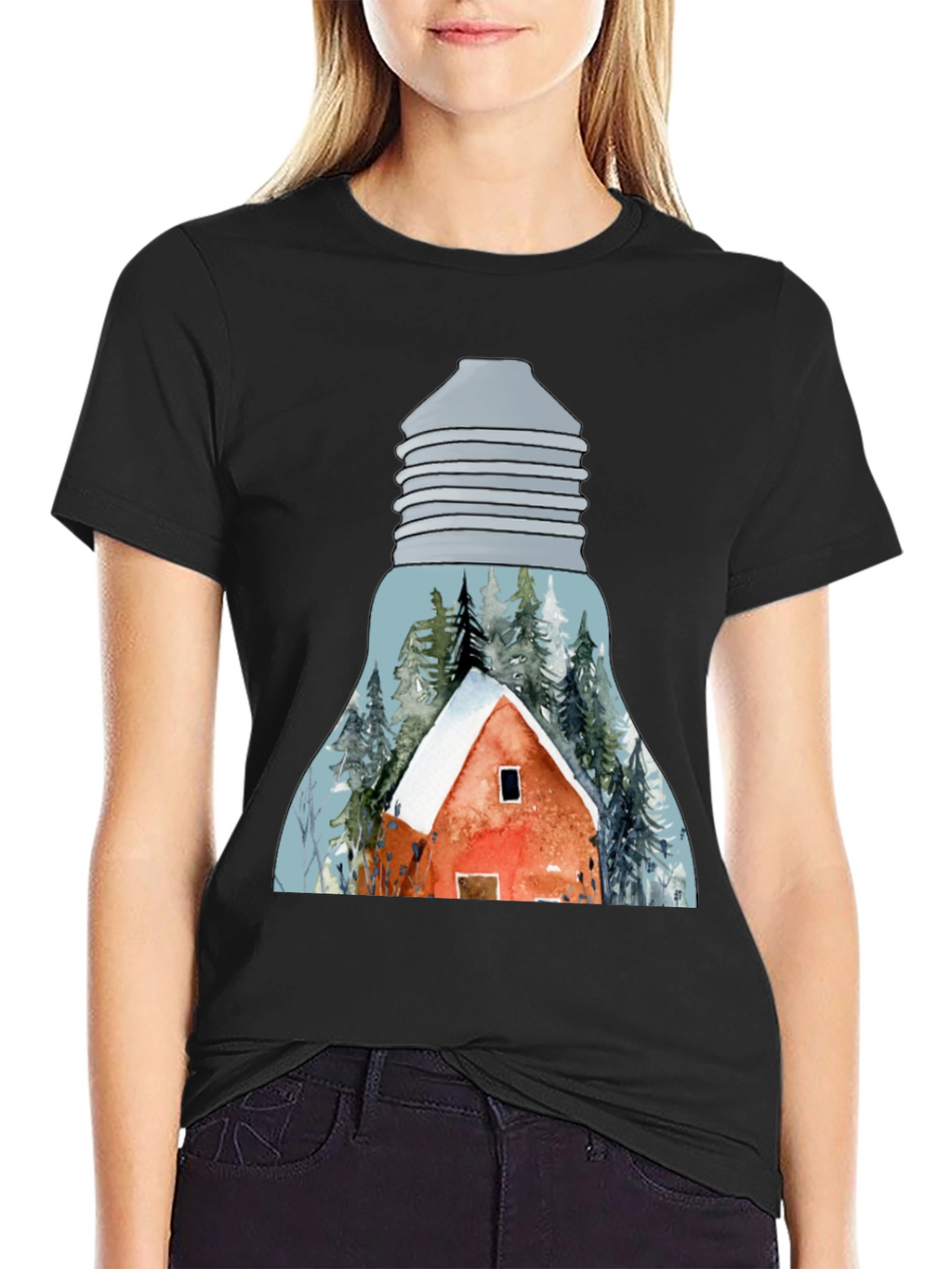 Winter Cabin in Lightbulb T-Shirt