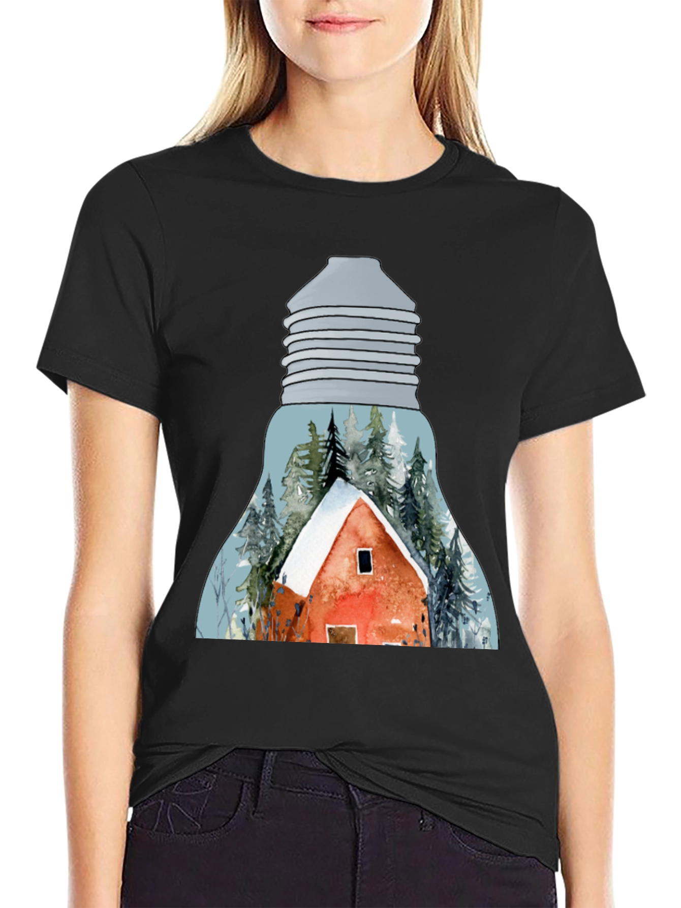 Winter Cabin in Lightbulb T-Shirt