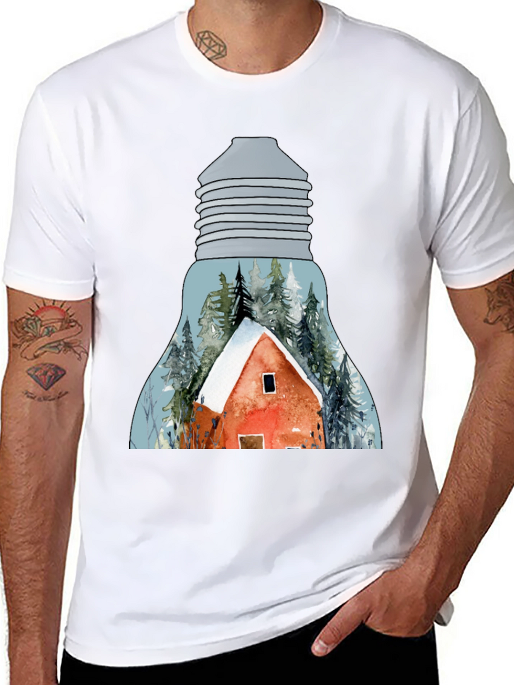 Winter Cabin in Lightbulb T-Shirt