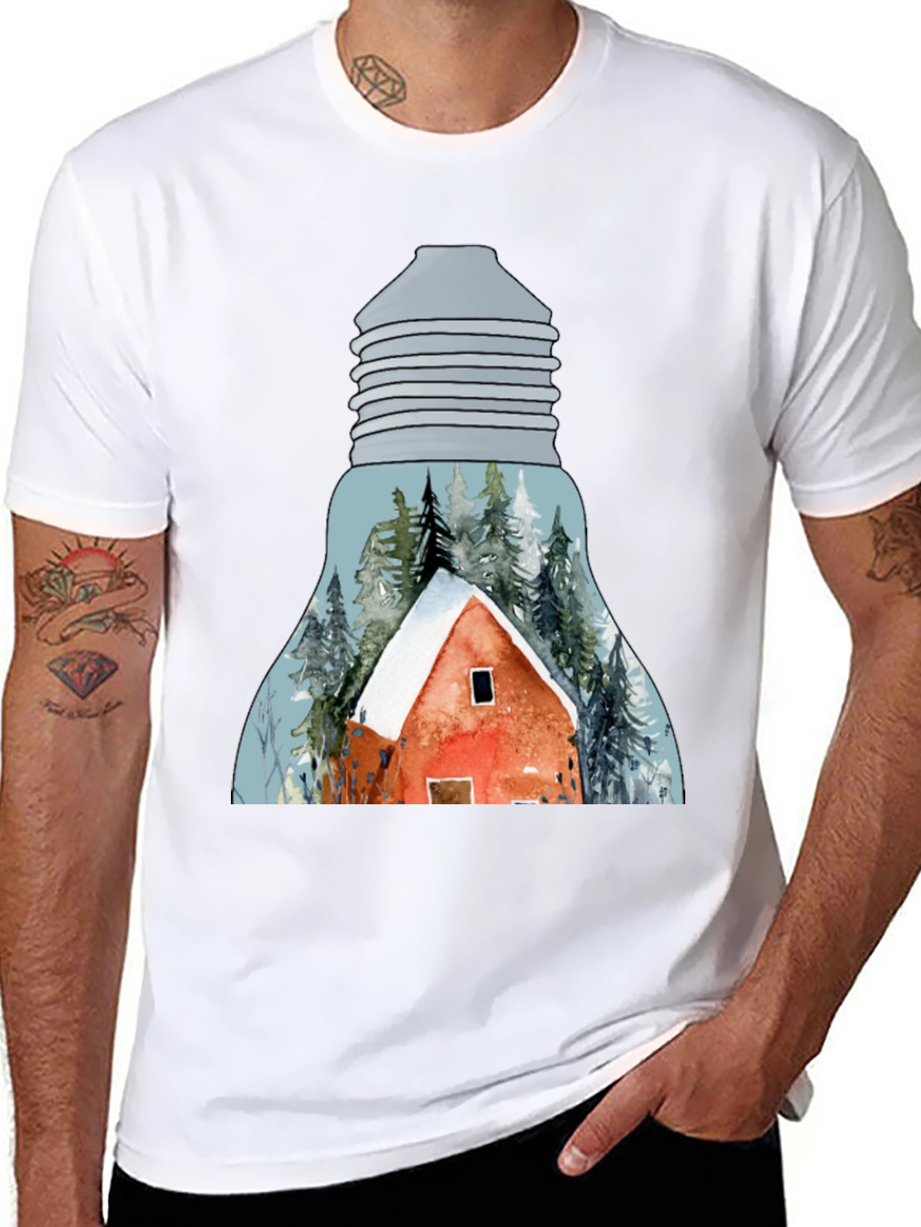 Winter Cabin in Lightbulb T-Shirt