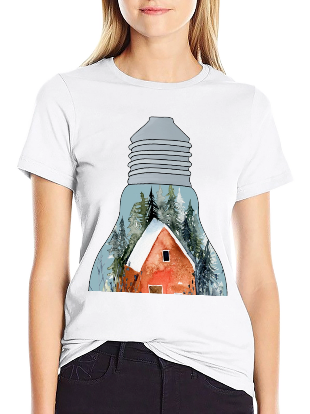 Winter Cabin in Lightbulb T-Shirt