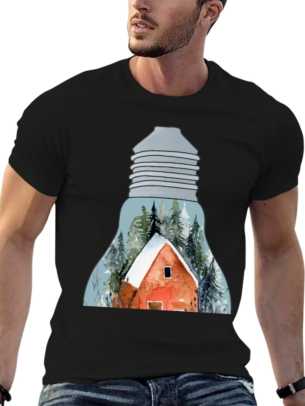 Winter Cabin in Lightbulb T-Shirt