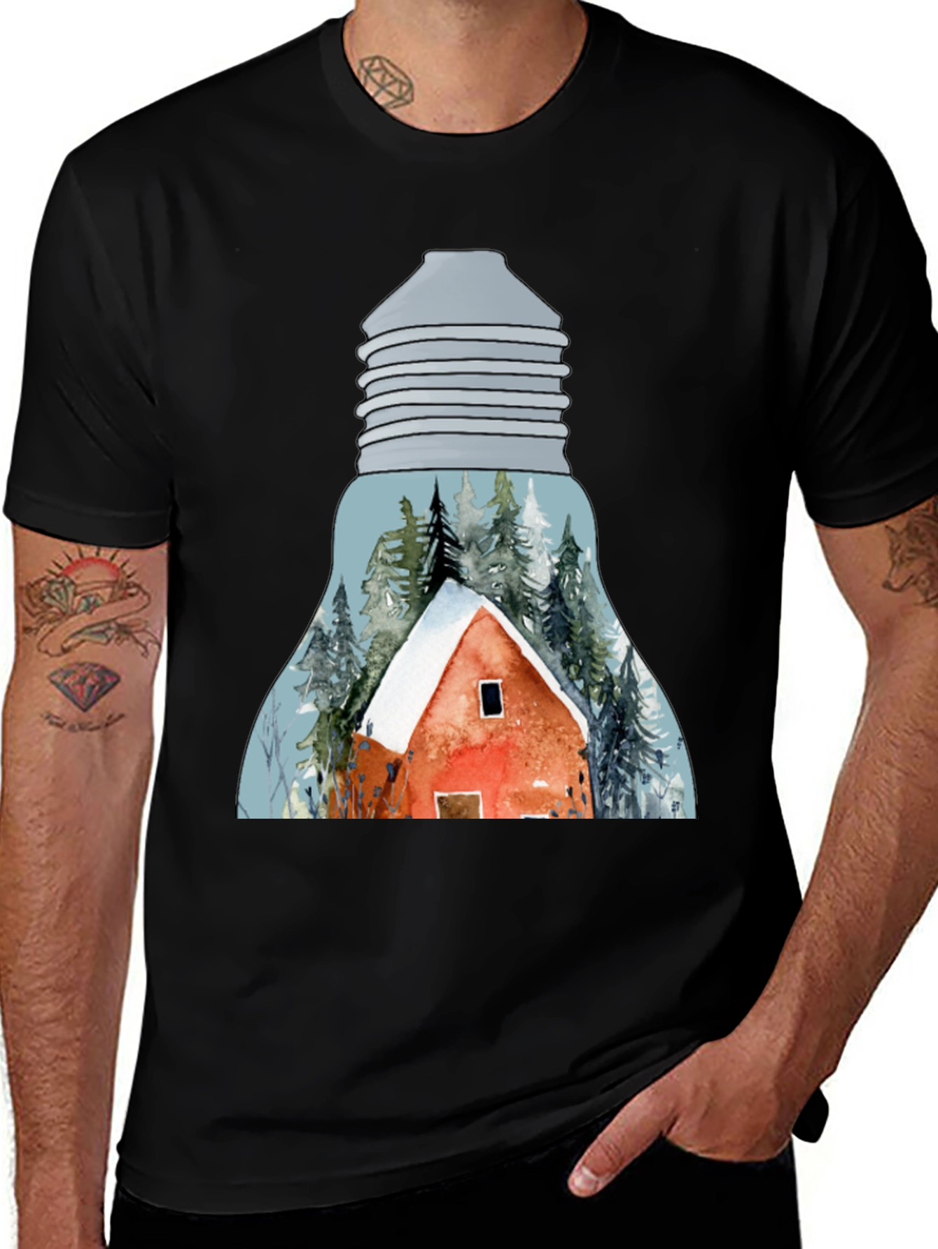 Winter Cabin in Lightbulb T-Shirt