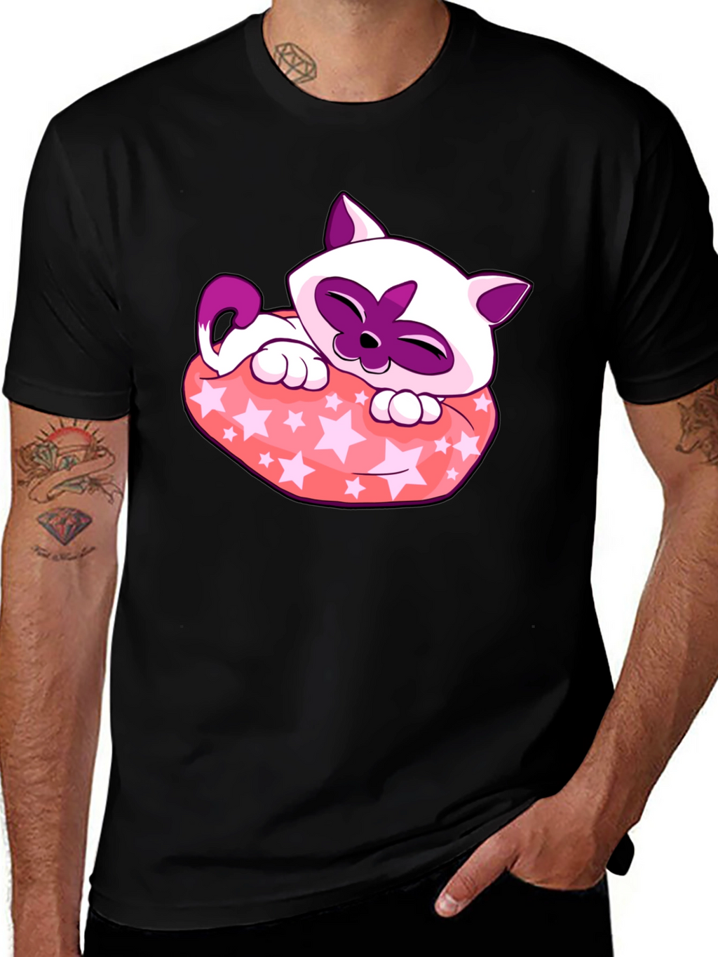 Cute Cartoon Cat Star Pillow Black T-Shirt
