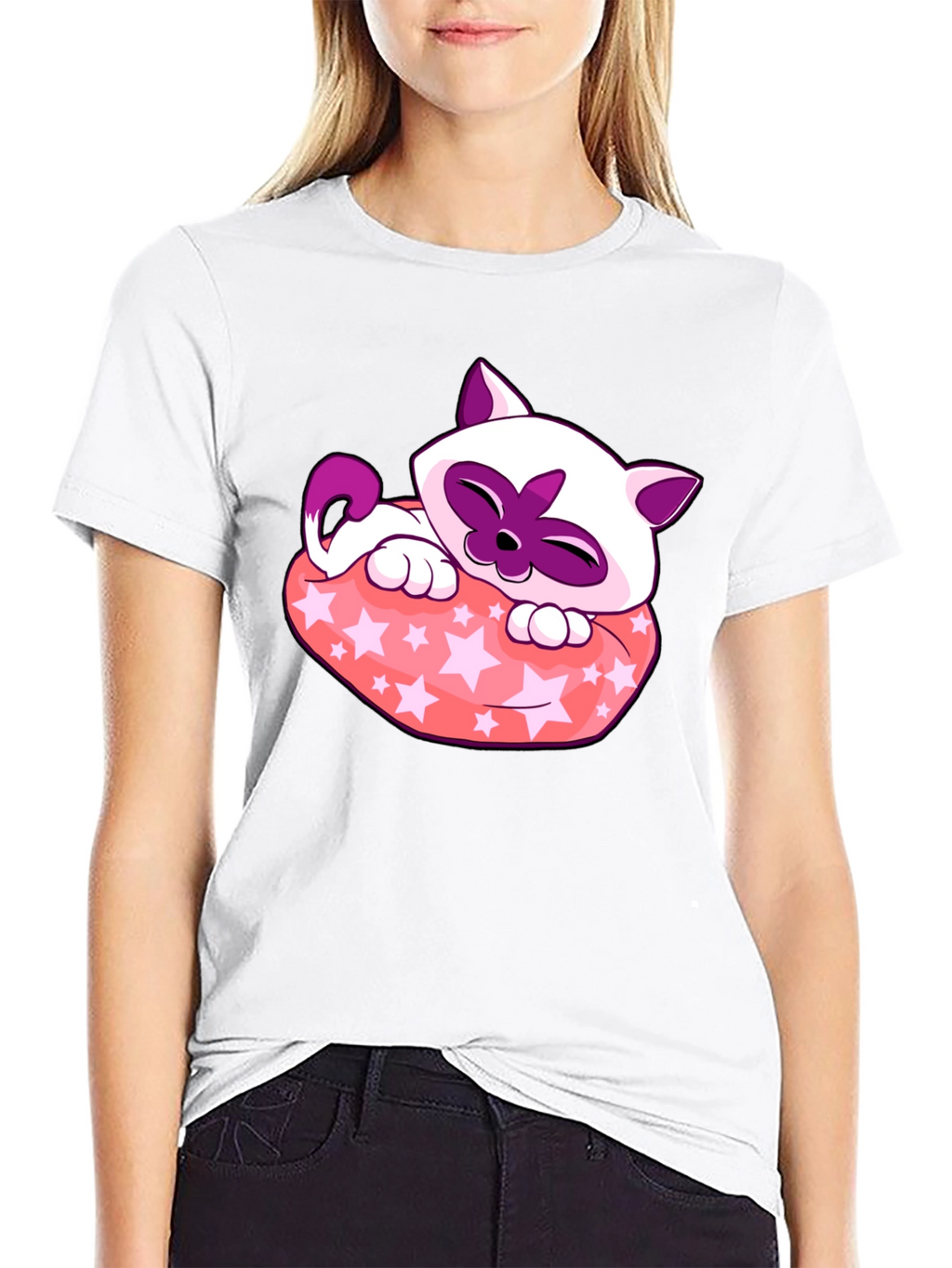 Cute Cartoon Cat Star Pillow Black T-Shirt