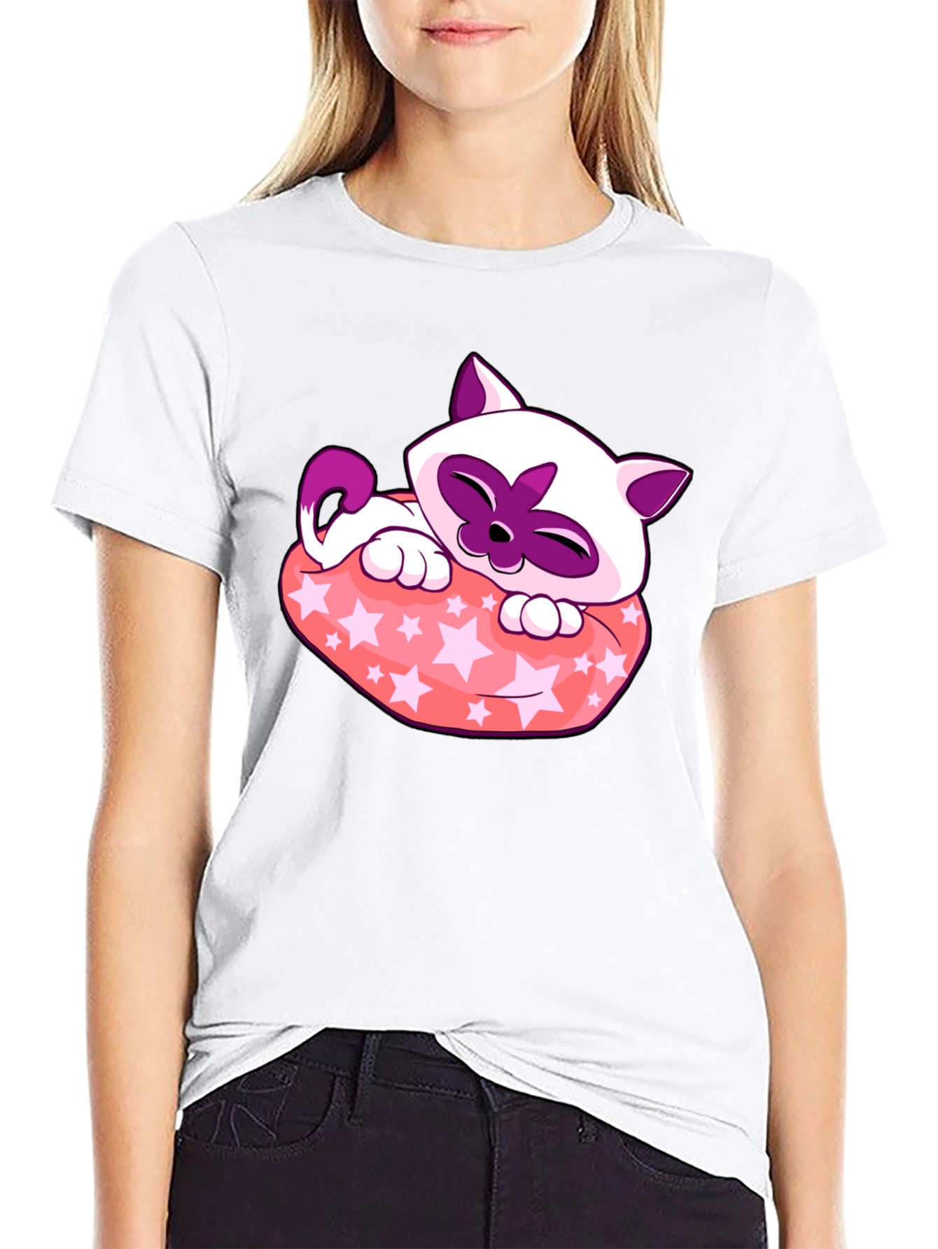 Cute Cartoon Cat Star Pillow Black T-Shirt