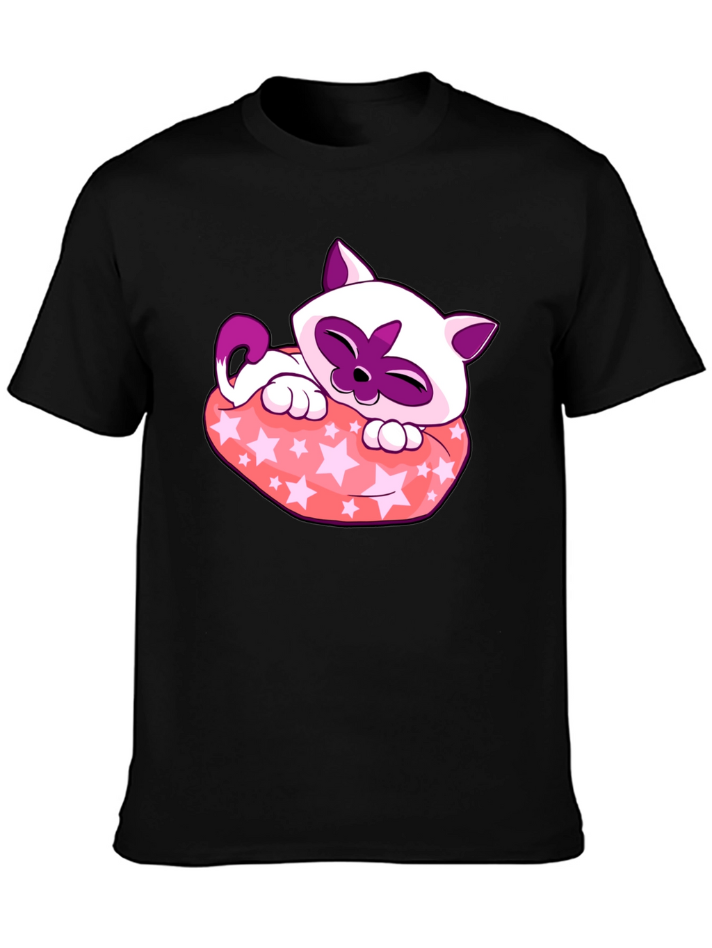 Cute Cartoon Cat Star Pillow Black T-Shirt