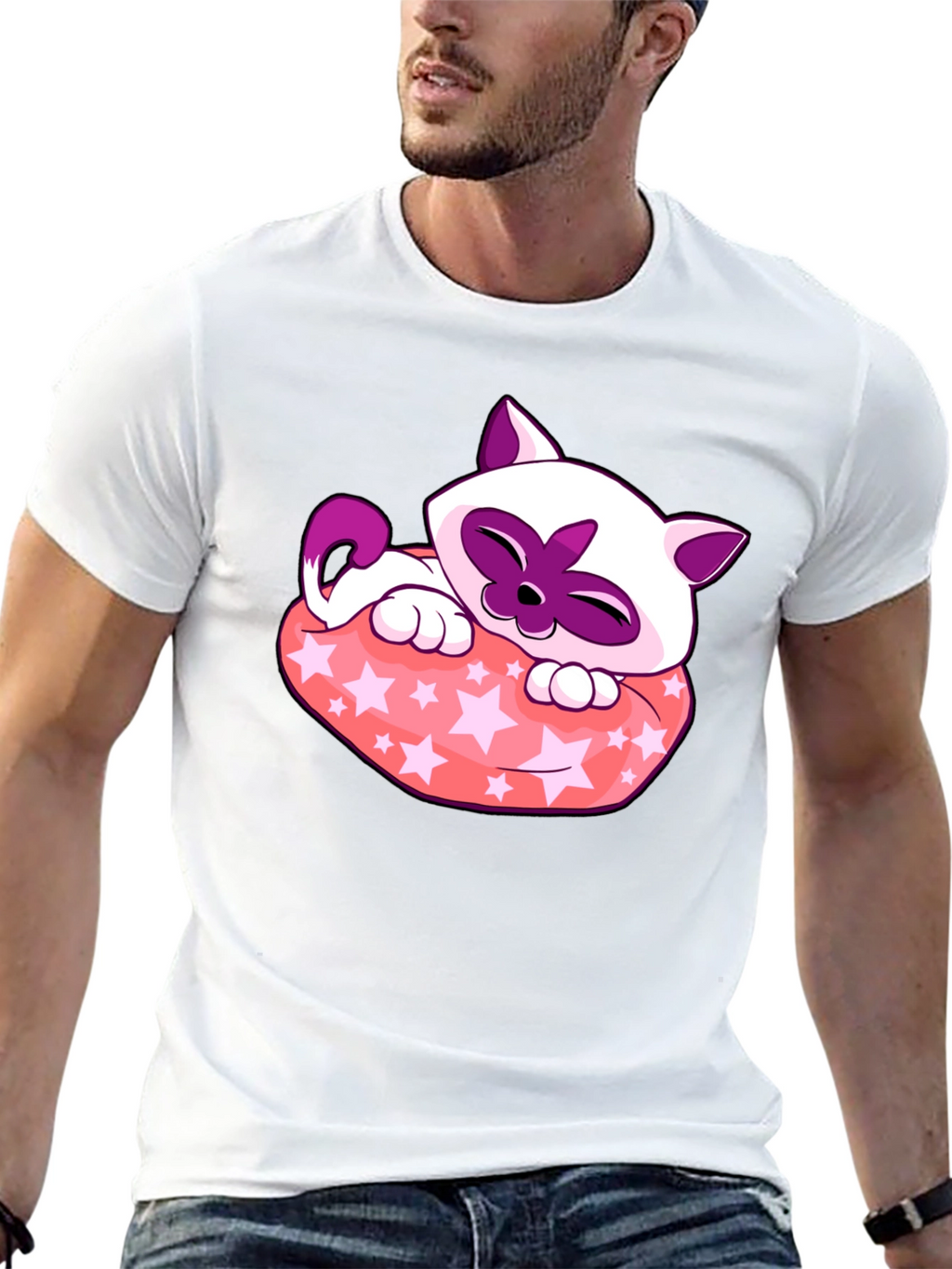 Cute Cartoon Cat Star Pillow Black T-Shirt