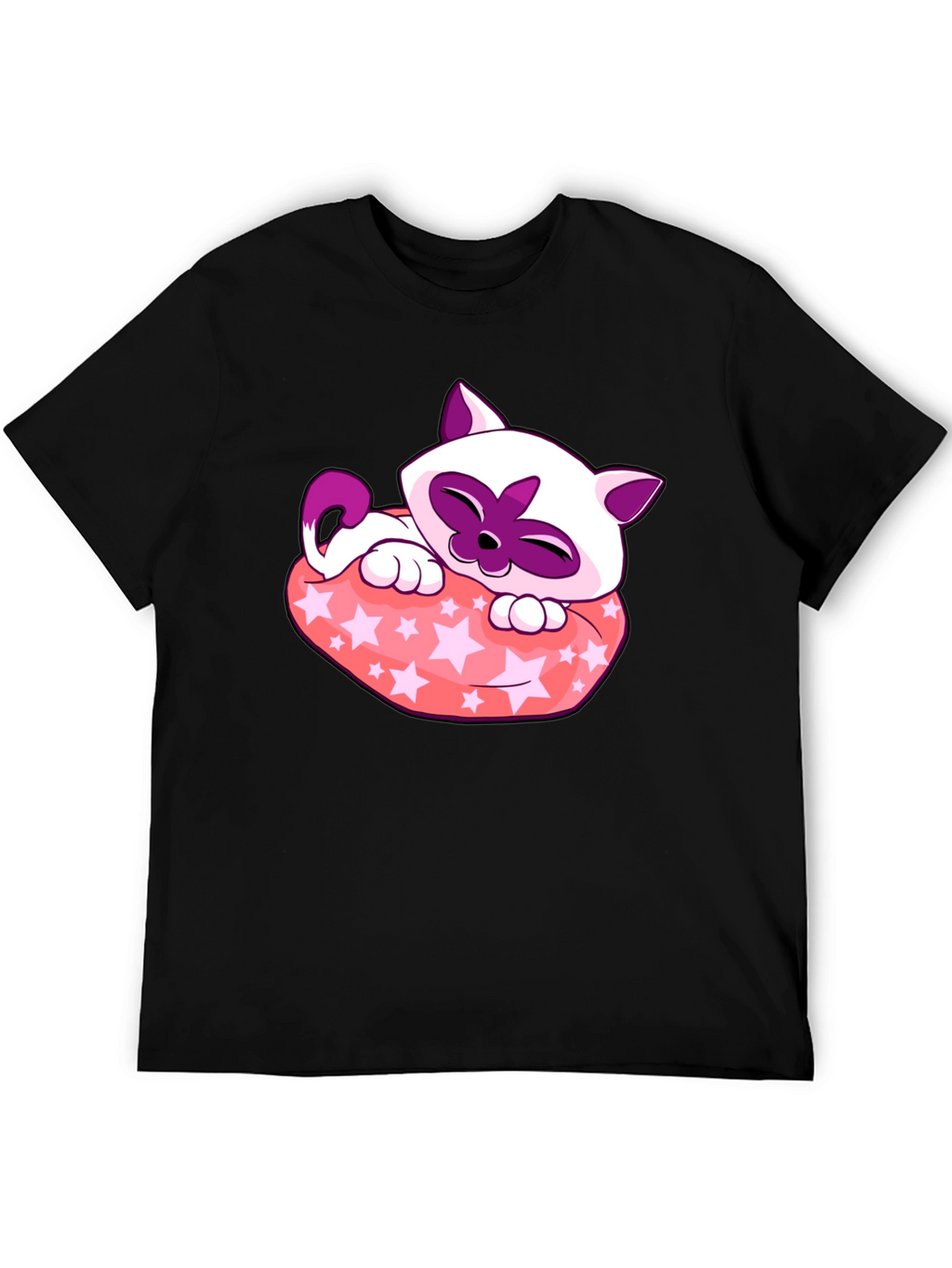 Cute Cartoon Cat Star Pillow Black T-Shirt