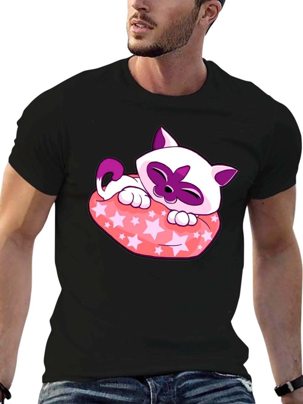 Cute Cartoon Cat Star Pillow Black T-Shirt
