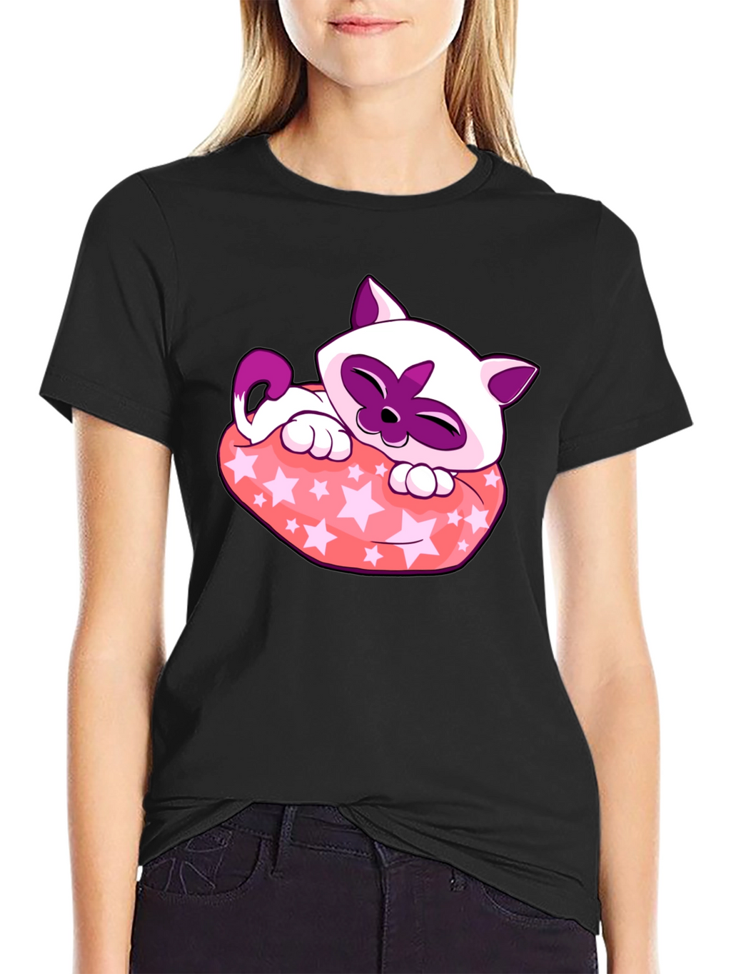 Cute Cartoon Cat Star Pillow Black T-Shirt