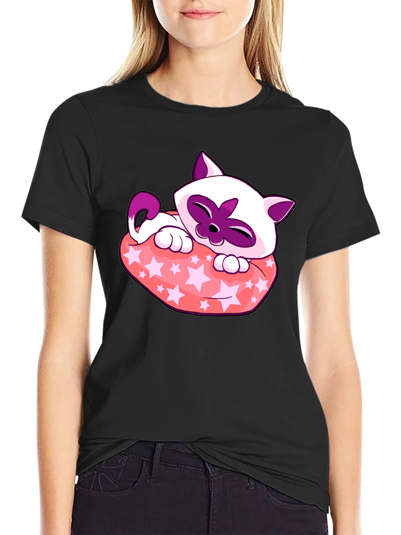 Cute Cartoon Cat Star Pillow Black T-Shirt