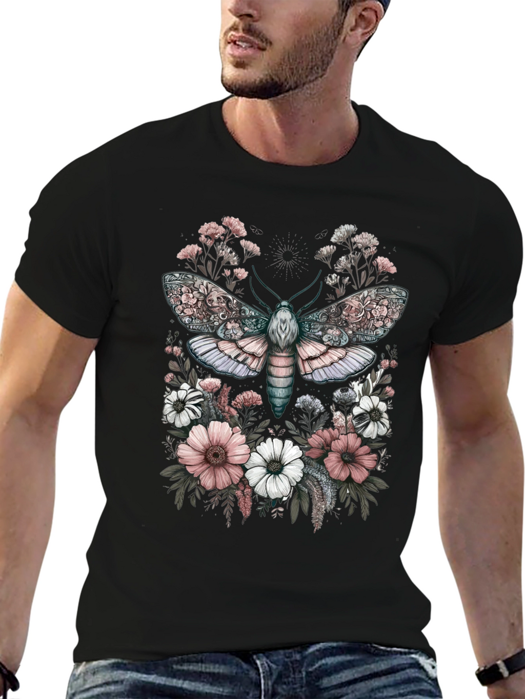 Floral Moth Graphic Tee - Unique Design
