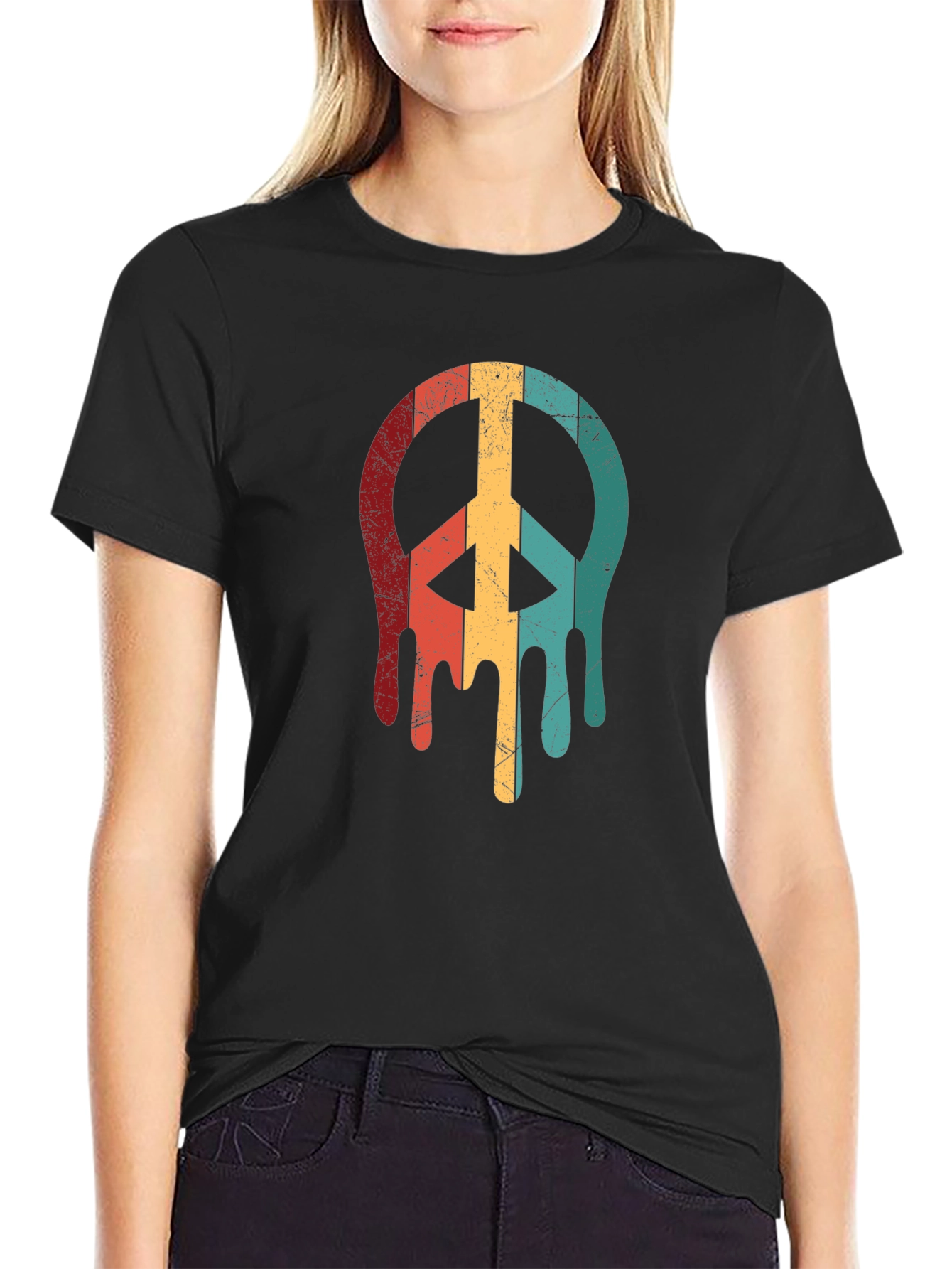 Retro Drip Peace Sign Graphic Tee - Black