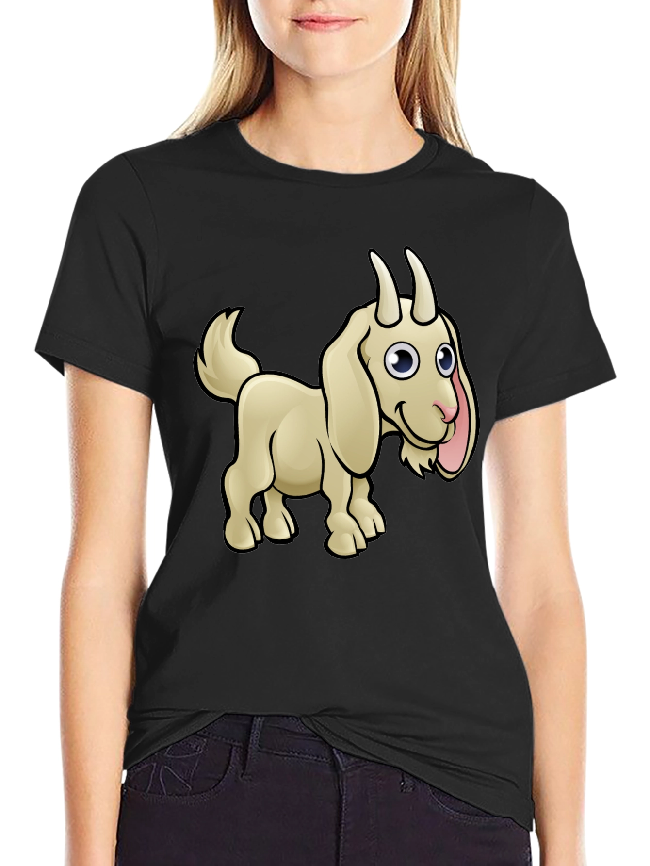 Goat Cartoon Black T-Shirt