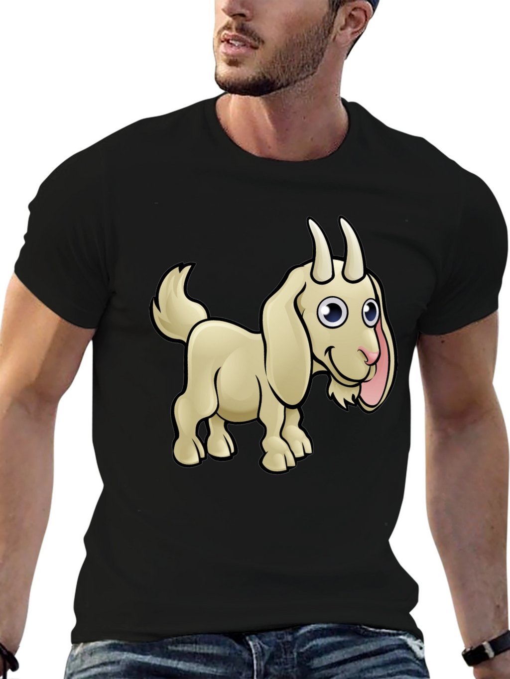 Goat Cartoon Black T-Shirt