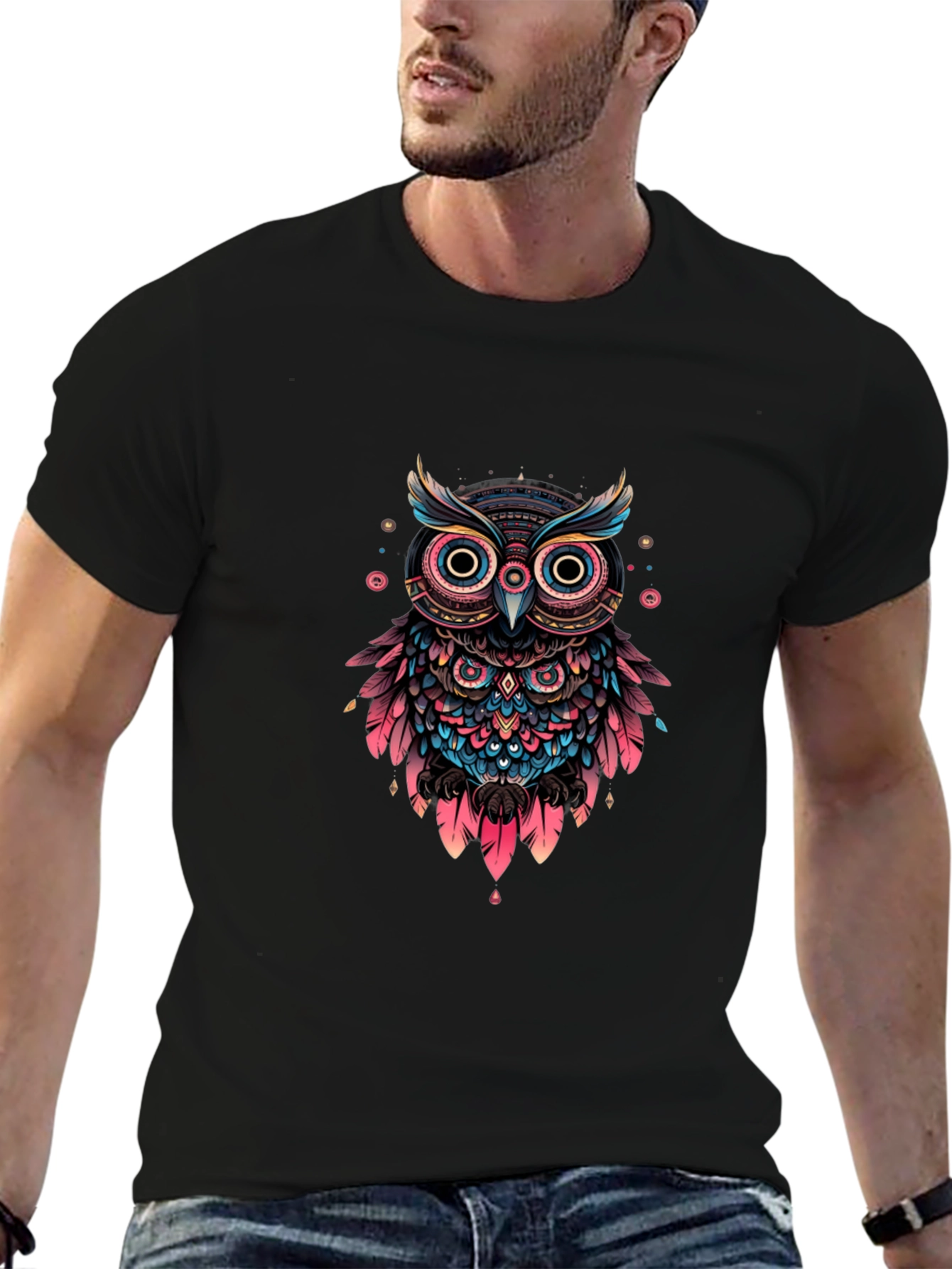 Abstract Owl Graphic Print Black T-Shirt