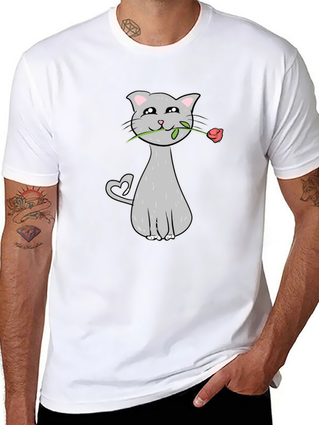Cat with Rose Graphic Tee - Valentines Day Gift