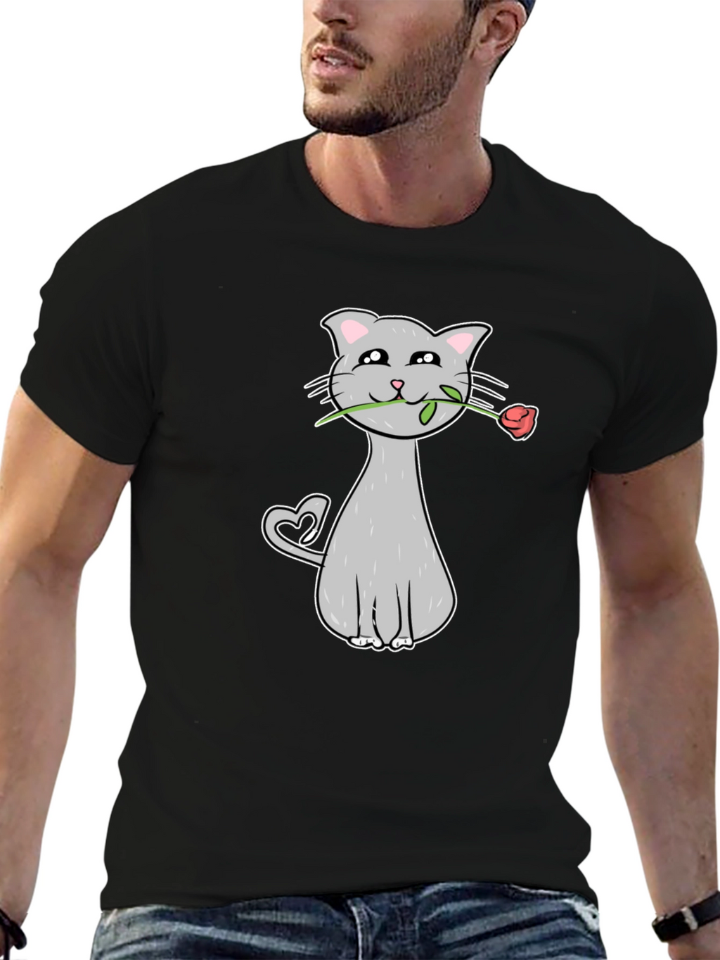 Cat with Rose Graphic Tee - Valentines Day Gift