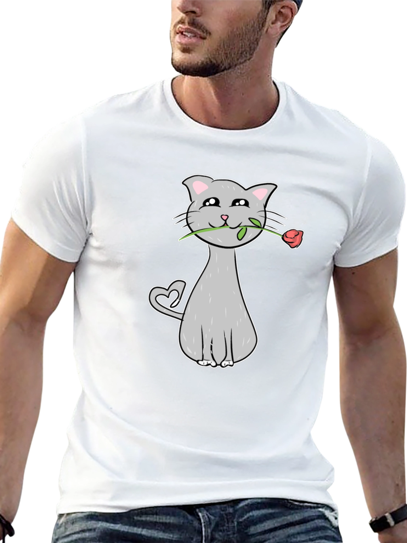 Cat with Rose Graphic Tee - Valentines Day Gift