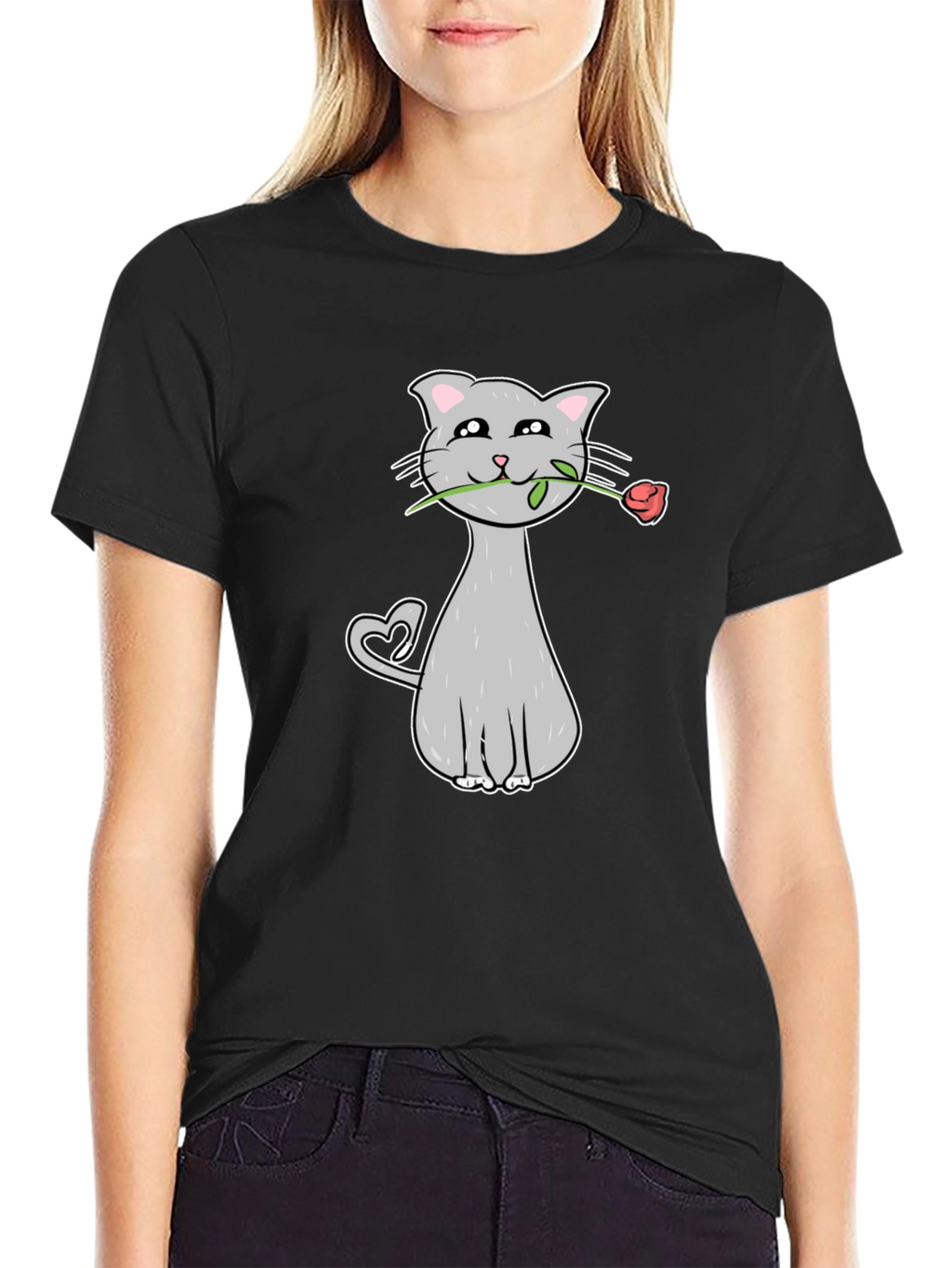 Cat with Rose Graphic Tee - Valentines Day Gift