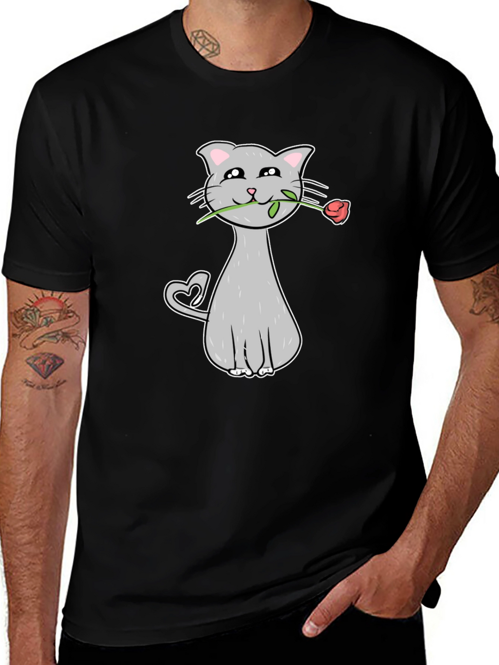 Cat with Rose Graphic Tee - Valentines Day Gift