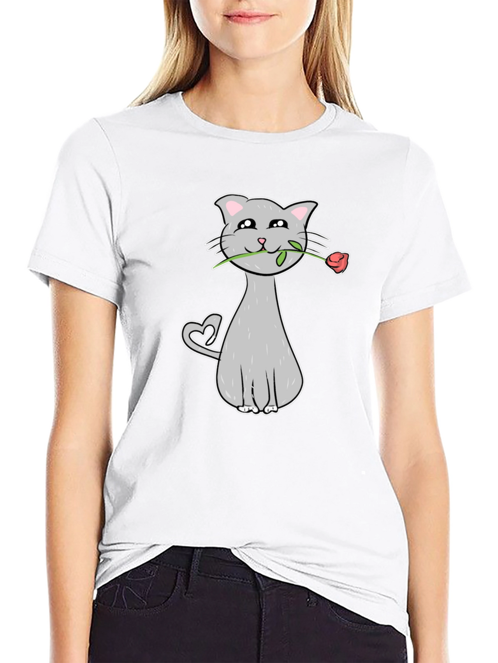 Cat with Rose Graphic Tee - Valentines Day Gift