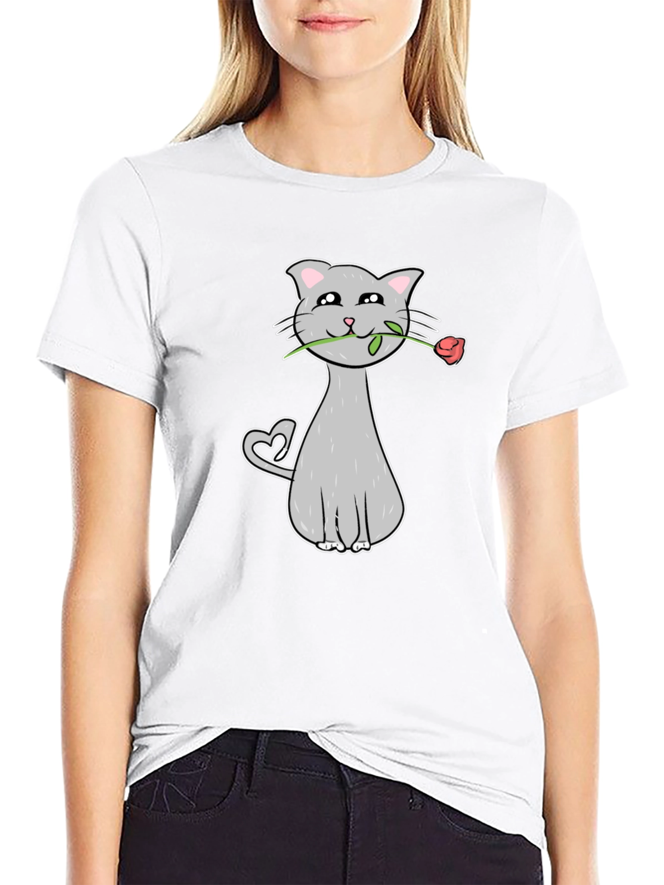 Cat with Rose Graphic Tee - Valentines Day Gift