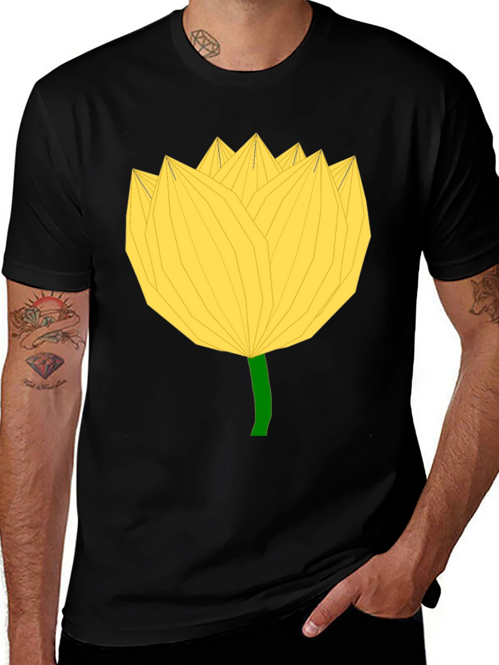 Geometric Yellow Flower Black T-Shirt