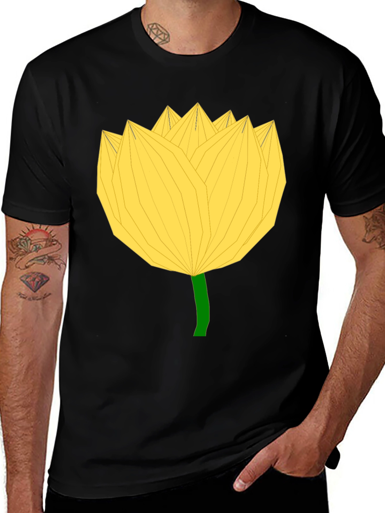 Geometric Yellow Flower Black T-Shirt