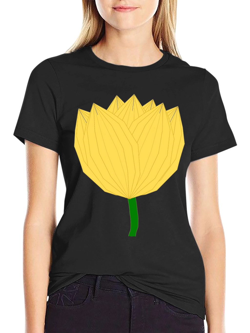 Geometric Yellow Flower Black T-Shirt