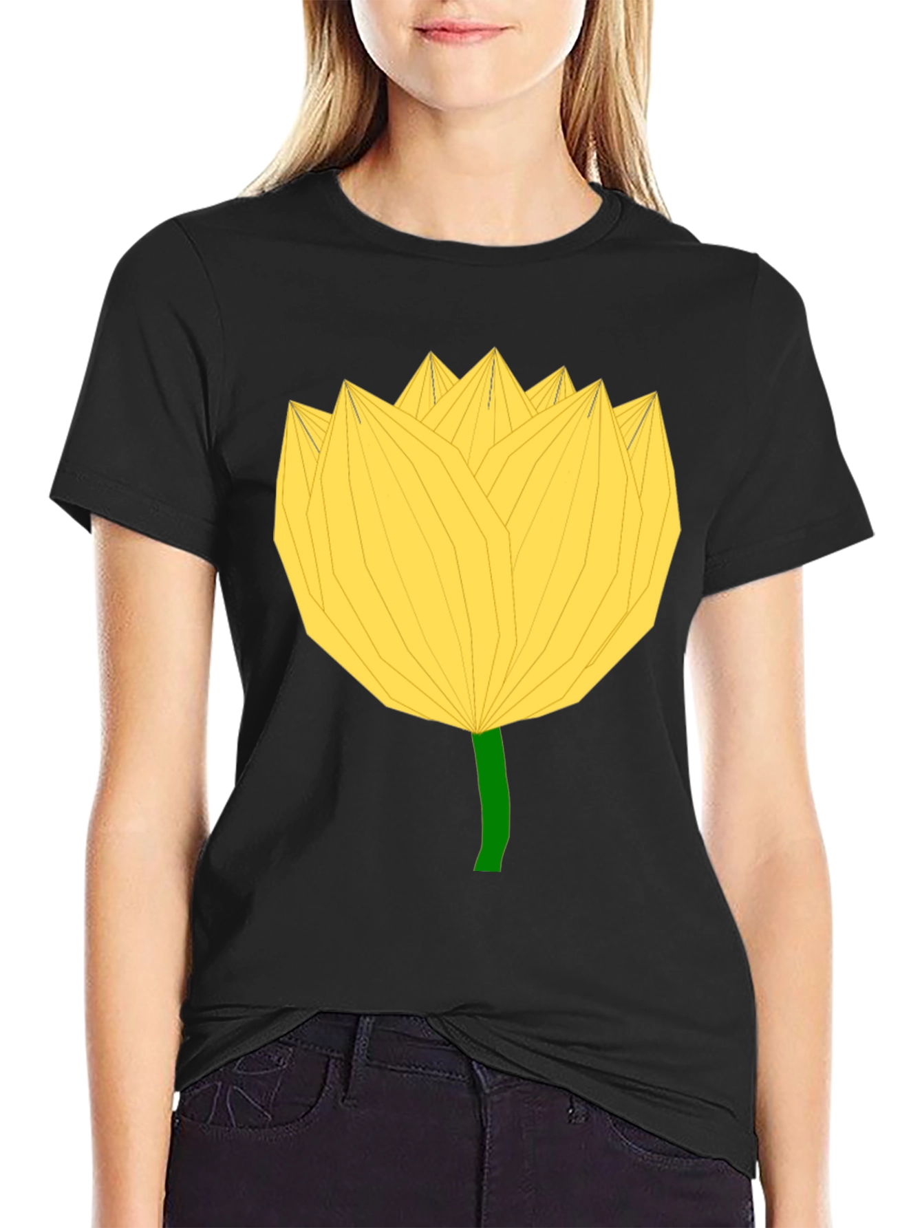 Geometric Yellow Flower Black T-Shirt