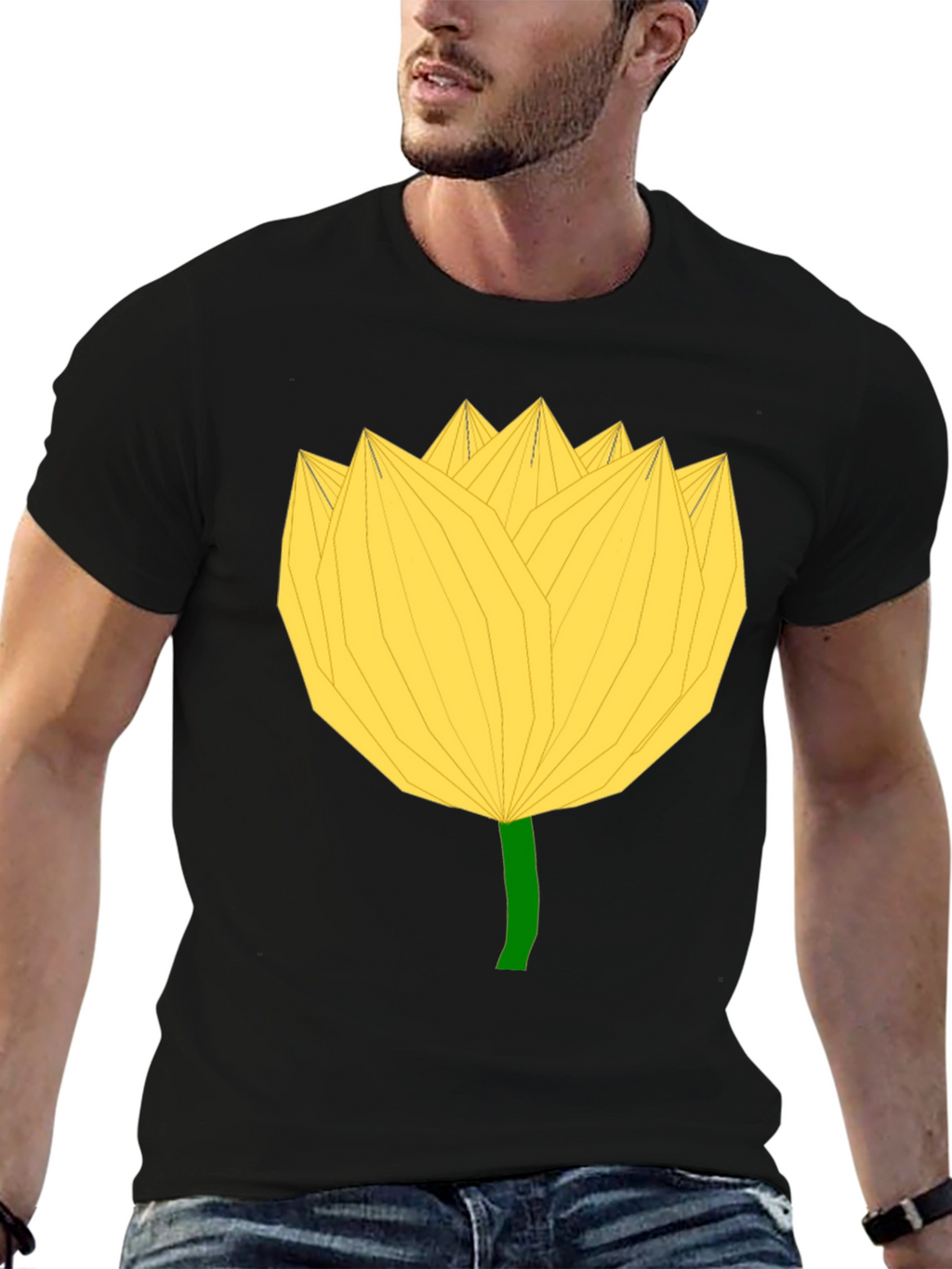 Geometric Yellow Flower Black T-Shirt