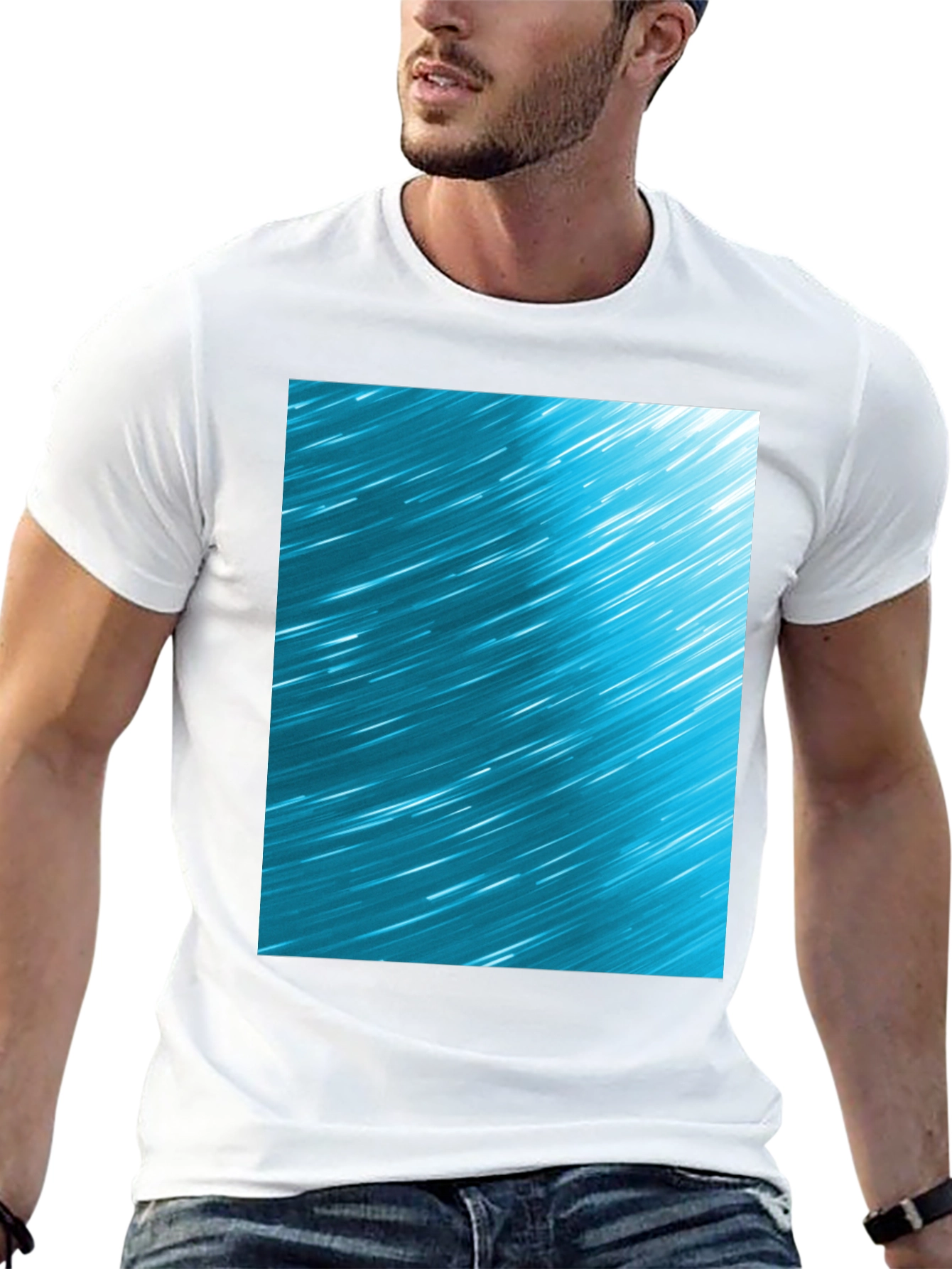 Abstract Aqua Star Trail Graphic Black T-Shirt
