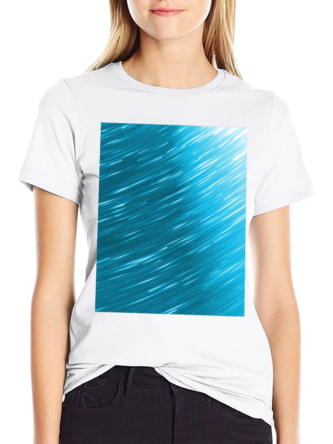 Abstract Aqua Star Trail Graphic Black T-Shirt