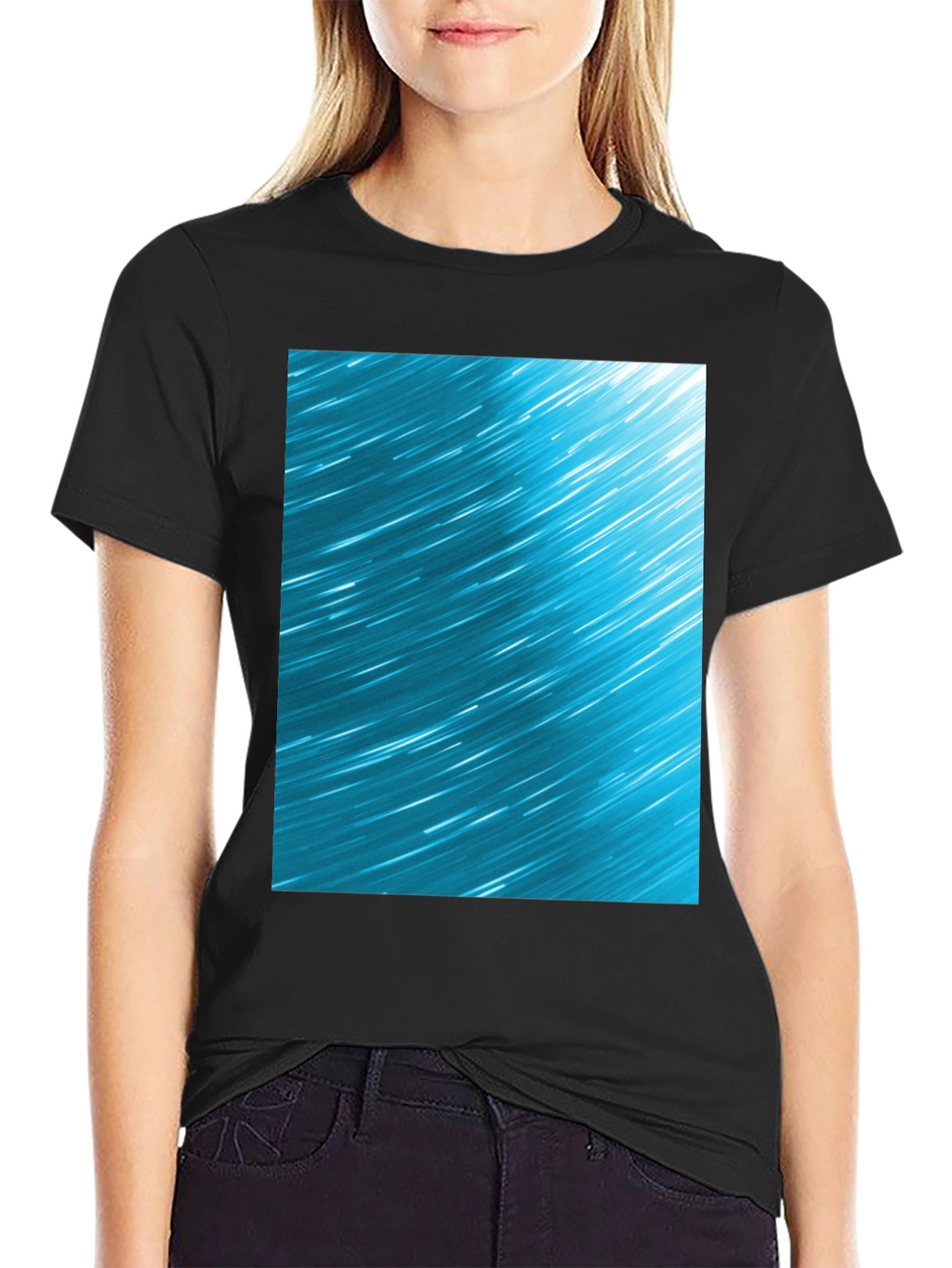 Abstract Aqua Star Trail Graphic Black T-Shirt