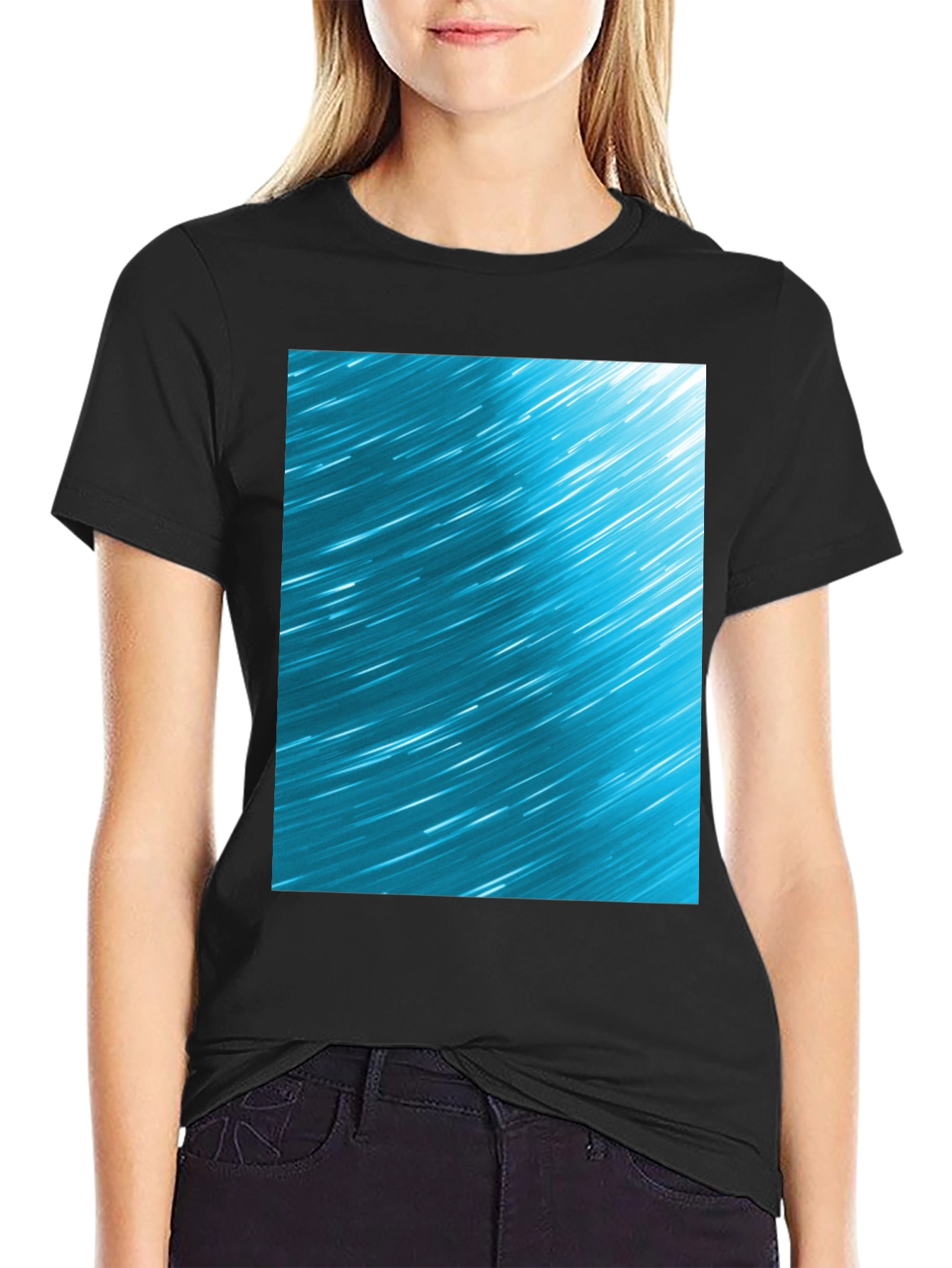 Abstract Aqua Star Trail Graphic Black T-Shirt