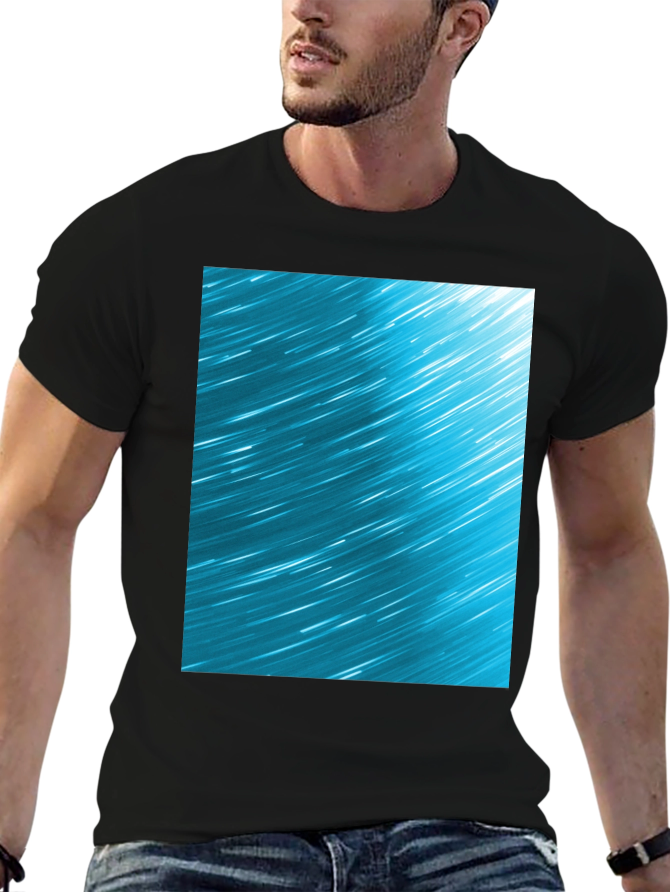 Abstract Aqua Star Trail Graphic Black T-Shirt