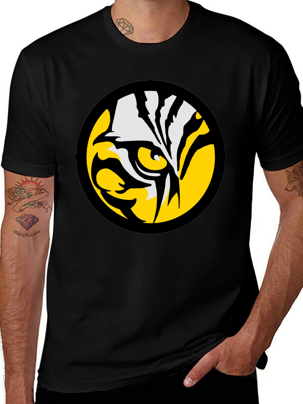 Bold Tiger Eye Graphic Tee - Black Cotton T-Shirt